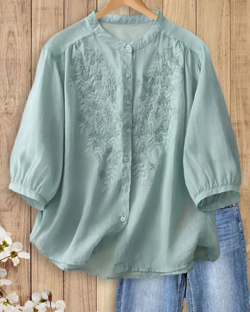 Mandarin Collar Embroidered Button Front 3/4 Sleeve Loose Blouse