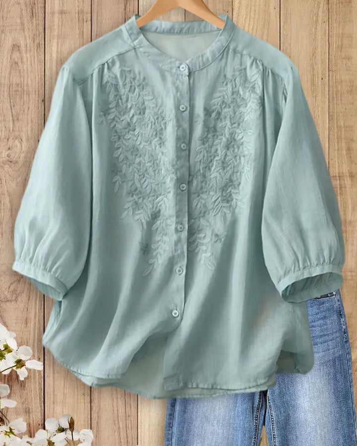 Mandarin Collar Embroidered Button Front 3/4 Sleeve Loose Blouse