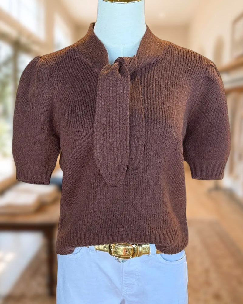 Tie Neck Puff Sleeve Solid Color Casual Sweater Top