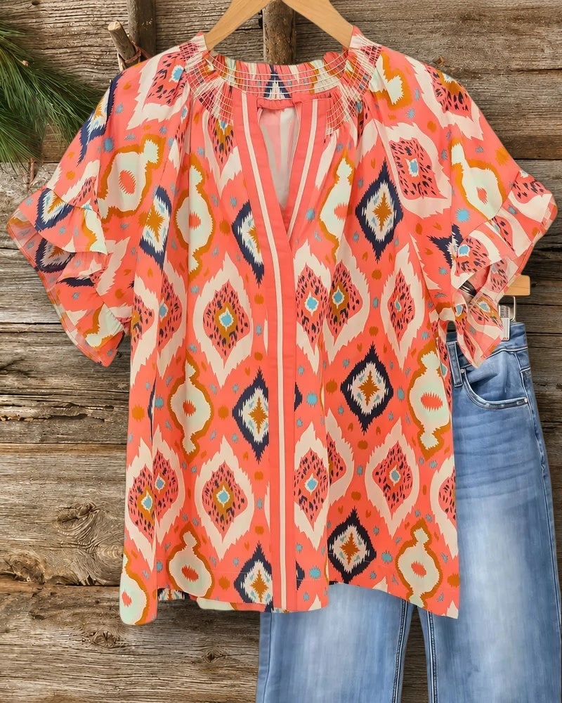 Abstract Print Retro V Neck Ruffle Sleeve Blouse