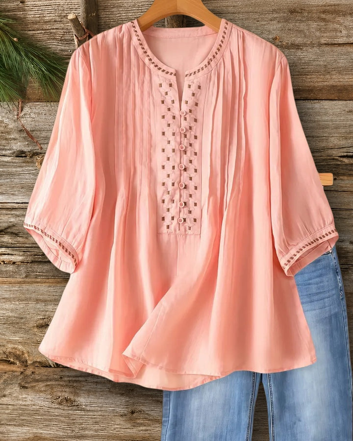 Embroidered V Neck Loose Pleated Detail 3/4 Sleeve Blouse