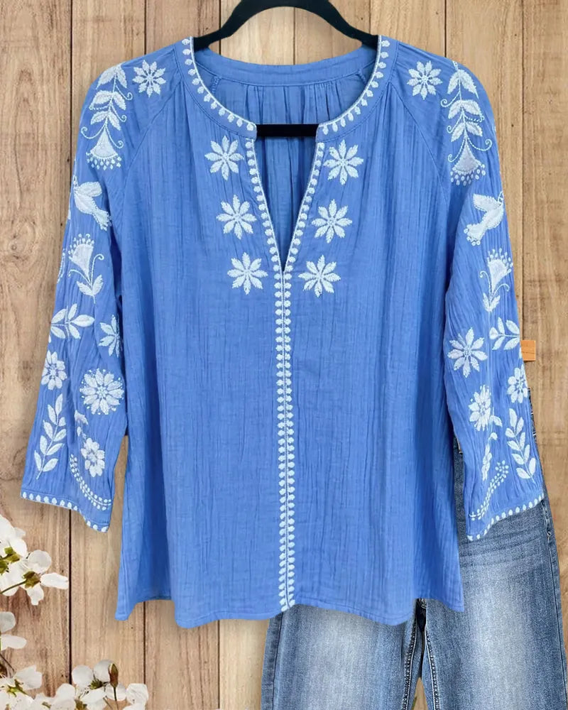 Floral Embroidered Split Neck 3/4 Sleeve Loose Casual Blouse