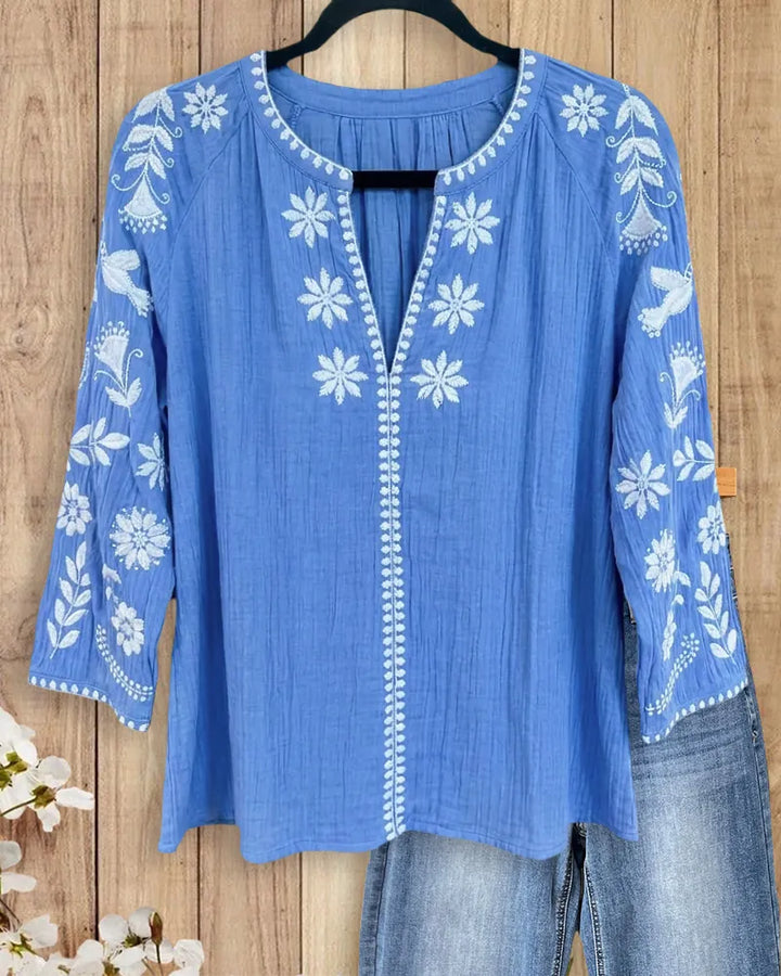 Floral Embroidered Split Neck 3/4 Sleeve Loose Casual Blouse