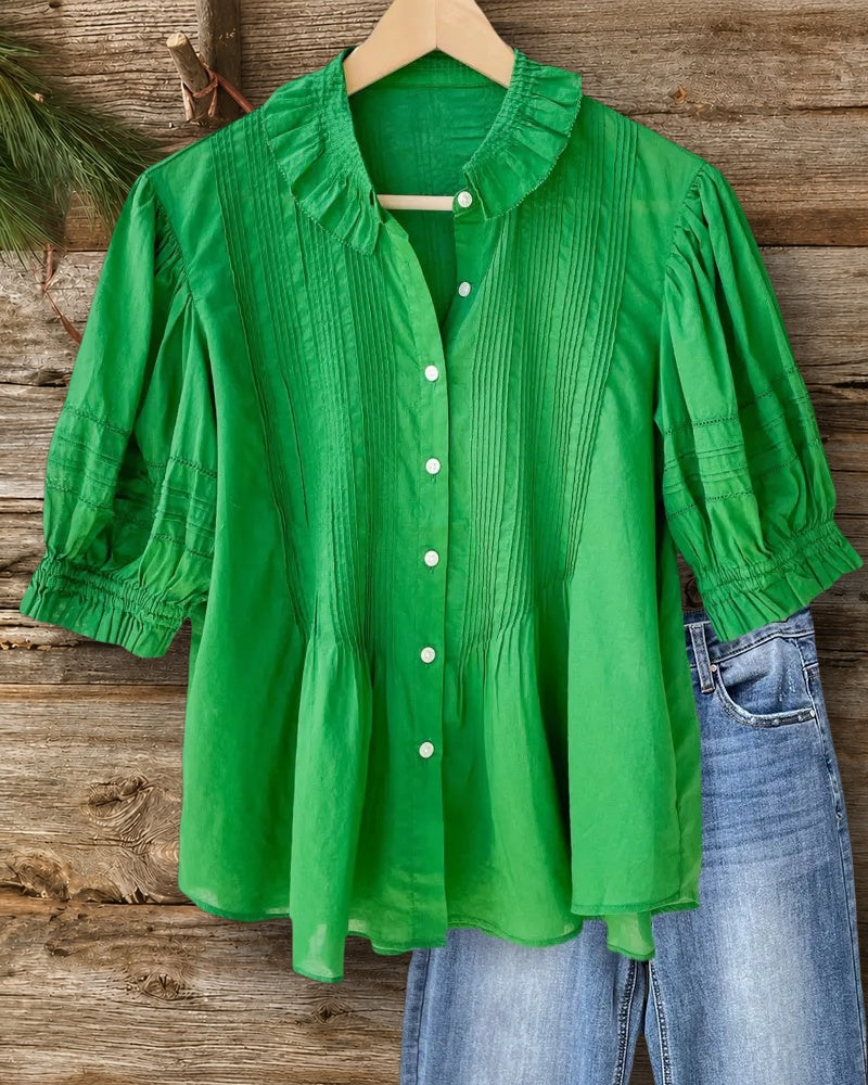Ruffled Collar Puff Sleeve Button Front Pleated Blouse