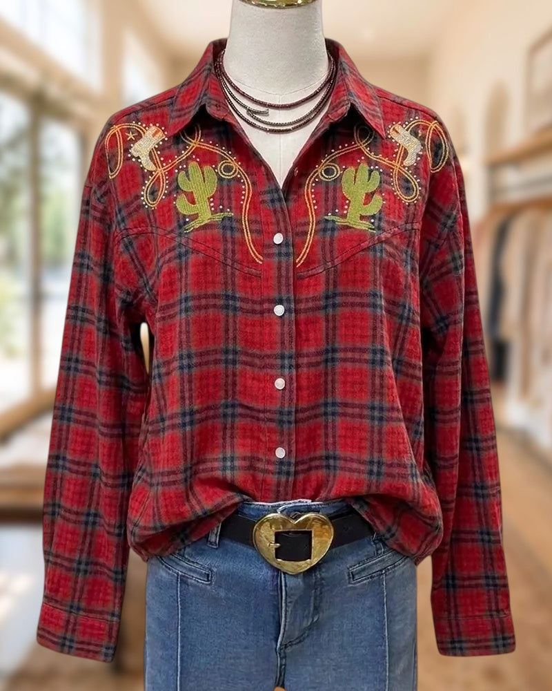 Plaid Western Embroidery Button Shirt