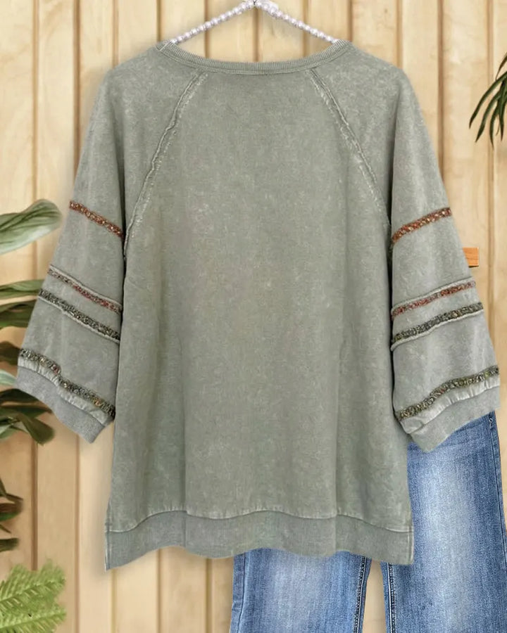 Distressed Hit Color Classic Round Neck Side Slit Shirt
