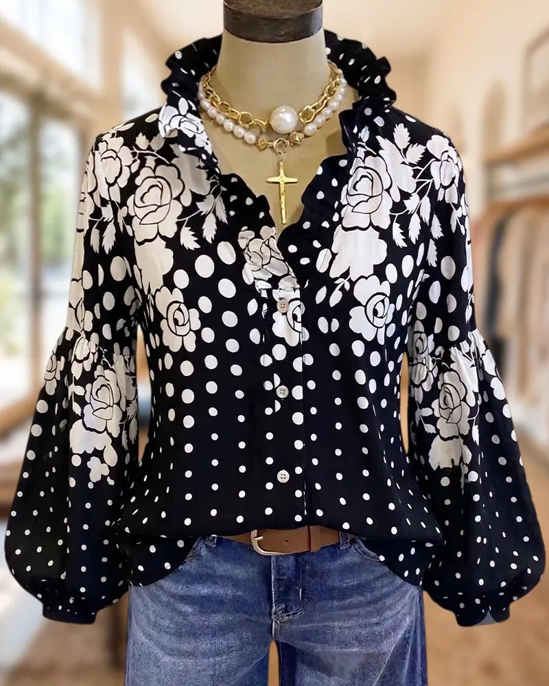 V Neck Floral & Dot Print Lantern Sleeve Button Front Blouse