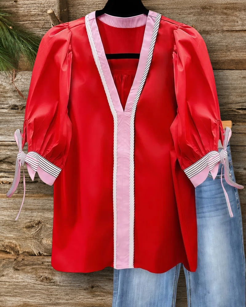 Hit Color Patchwork Tied Sleeve Modern Blouse