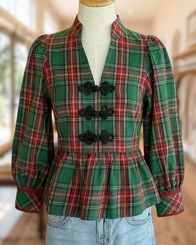 Stand Collar Plaid Frog Button Peplum Hem Long Sleeve Blouse