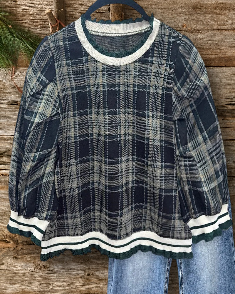 Plaid Round Neck Puff Sleeve Urban Blouse