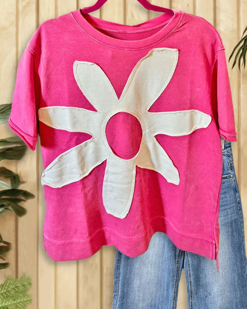 Hit Color Flower Applique Patchwork Casual T-Shirt