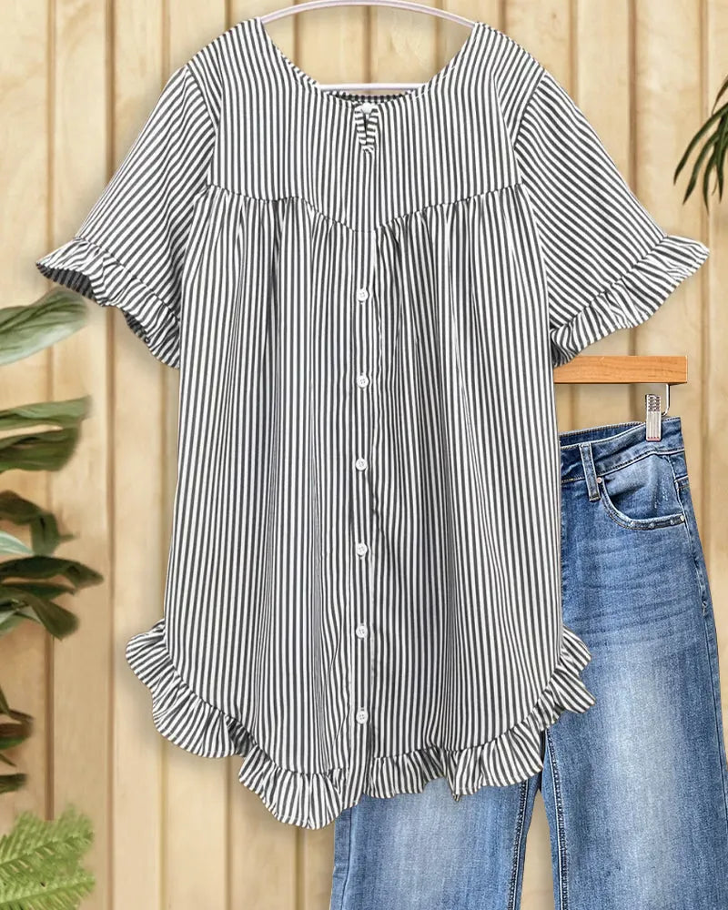 Striped Round Neck Urban Ruffled Blouse