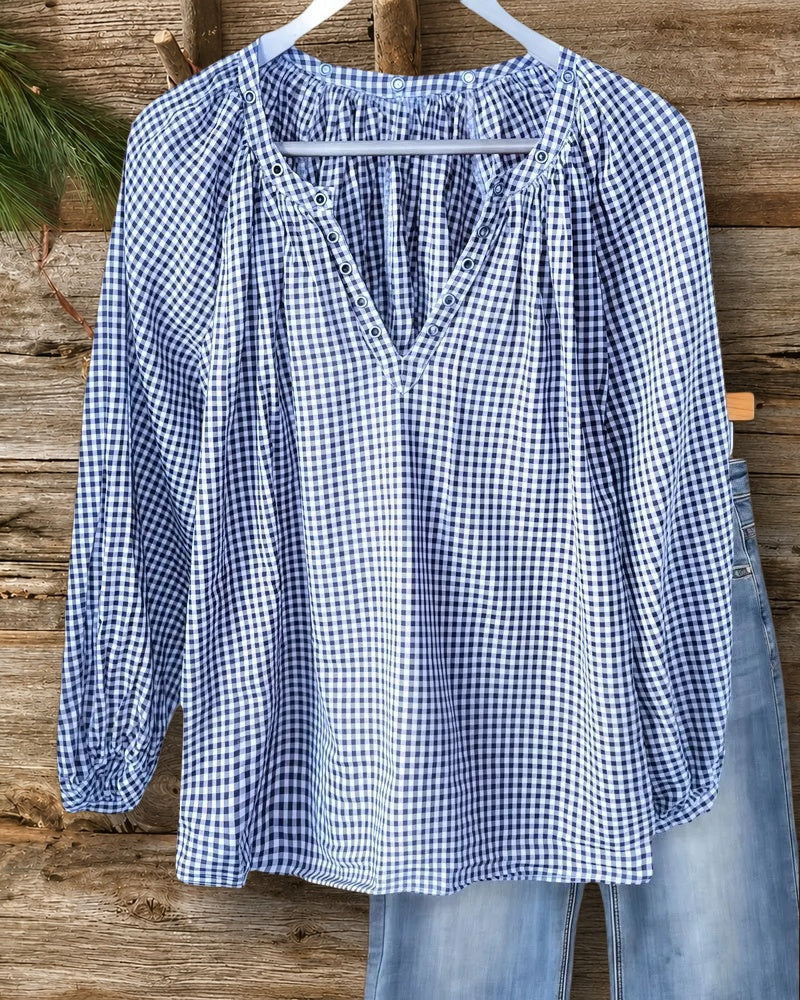 Gingham V Neck Laid Back Blouse
