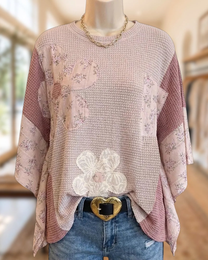 Floral Applique Waffle Batwing Sleeve Blouse