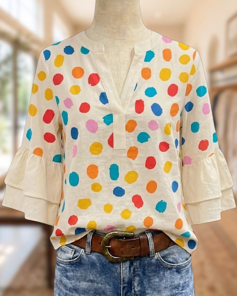 Polka Dot V Neck Tiered Flare Sleeve Casual Blouse
