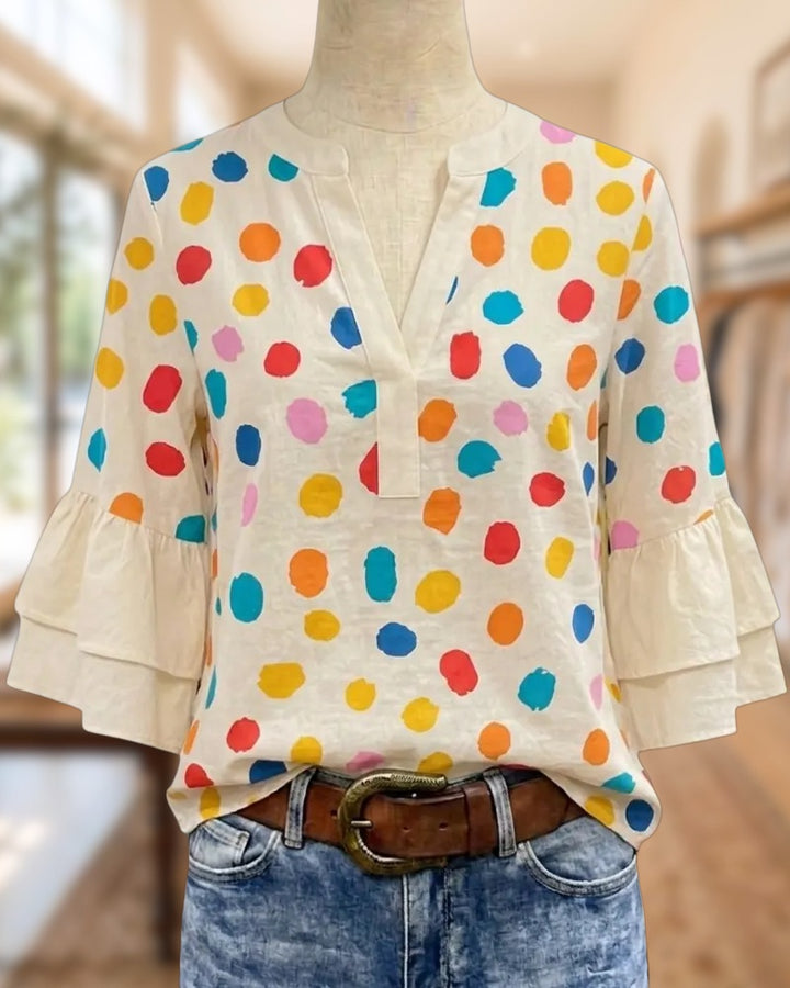 Polka Dot V Neck Tiered Flare Sleeve Casual Blouse