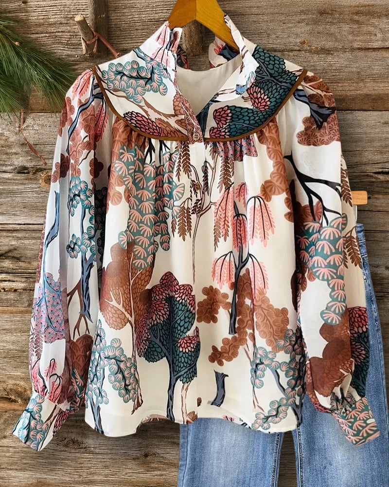 Natural Print Pastoral Ruffled Collar Blouse