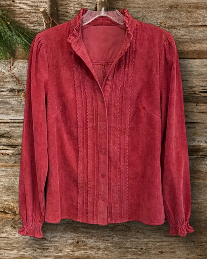 Ruffled Trim Corduroy Button Front Long Sleeve Blouse