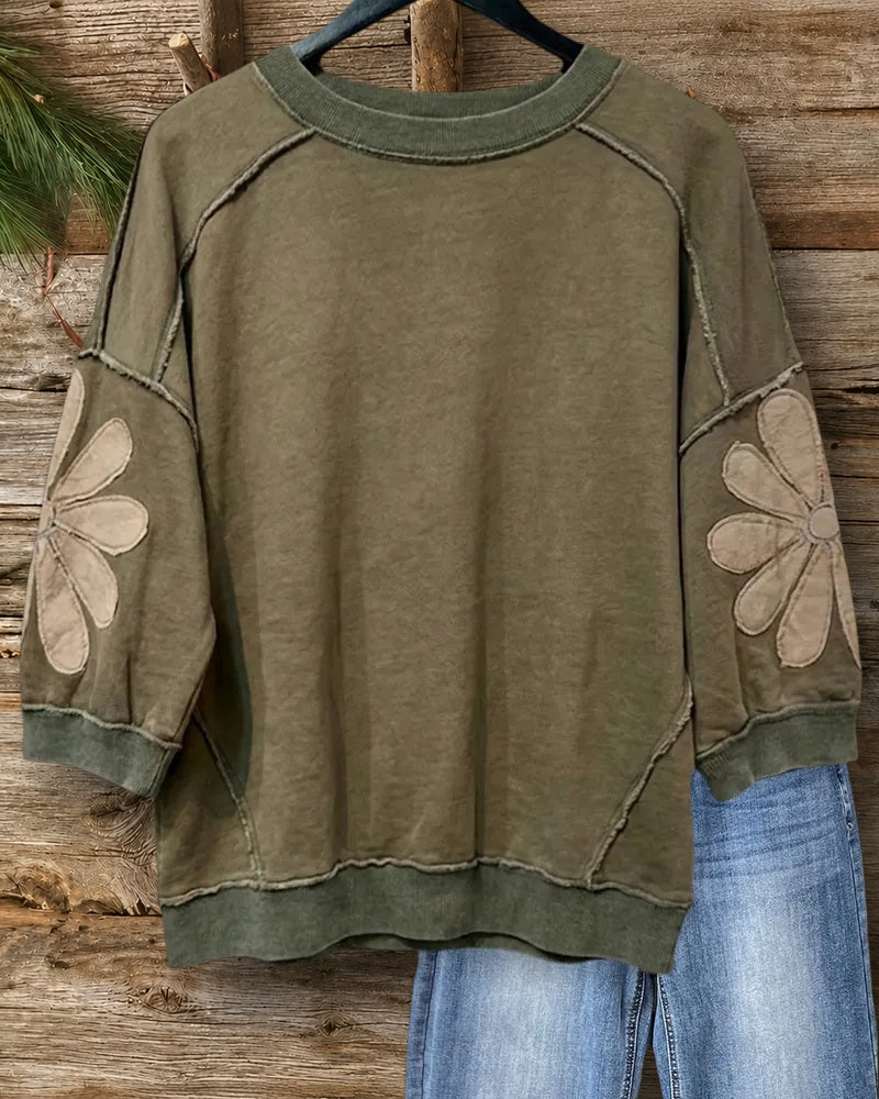 Floral Applique 3/4 Sleeve Exposed Seam Loose Casual Sweatshirt