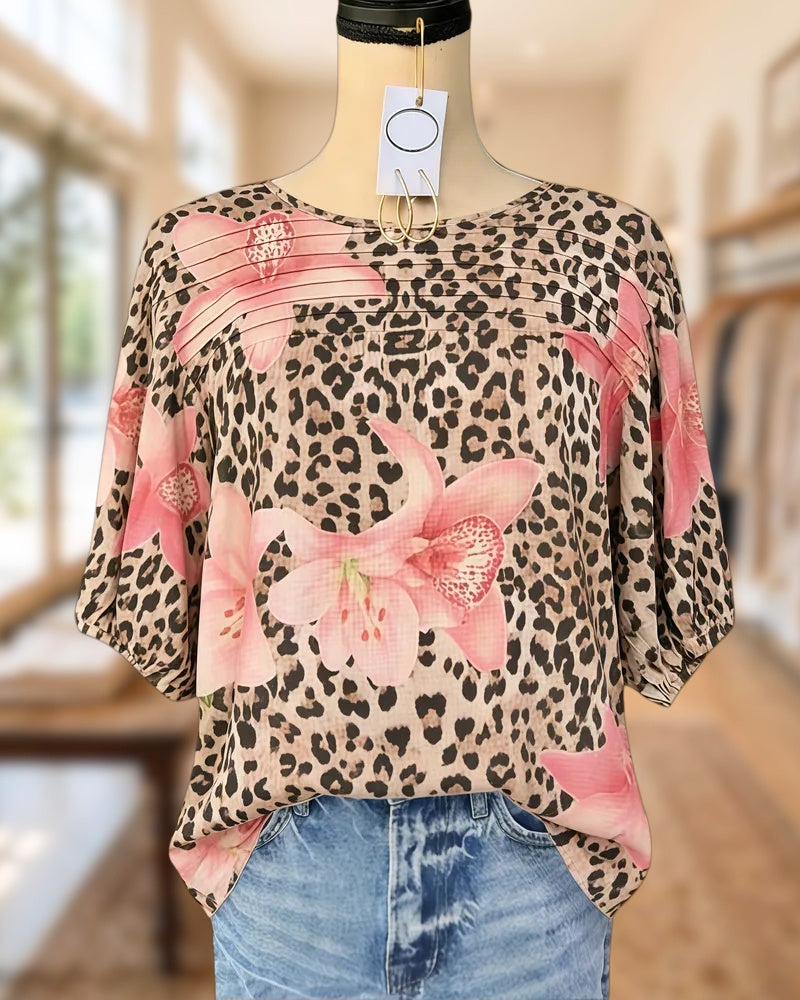 Floral & Leopard Print Wild Pleated Detail Round Neck Blouse