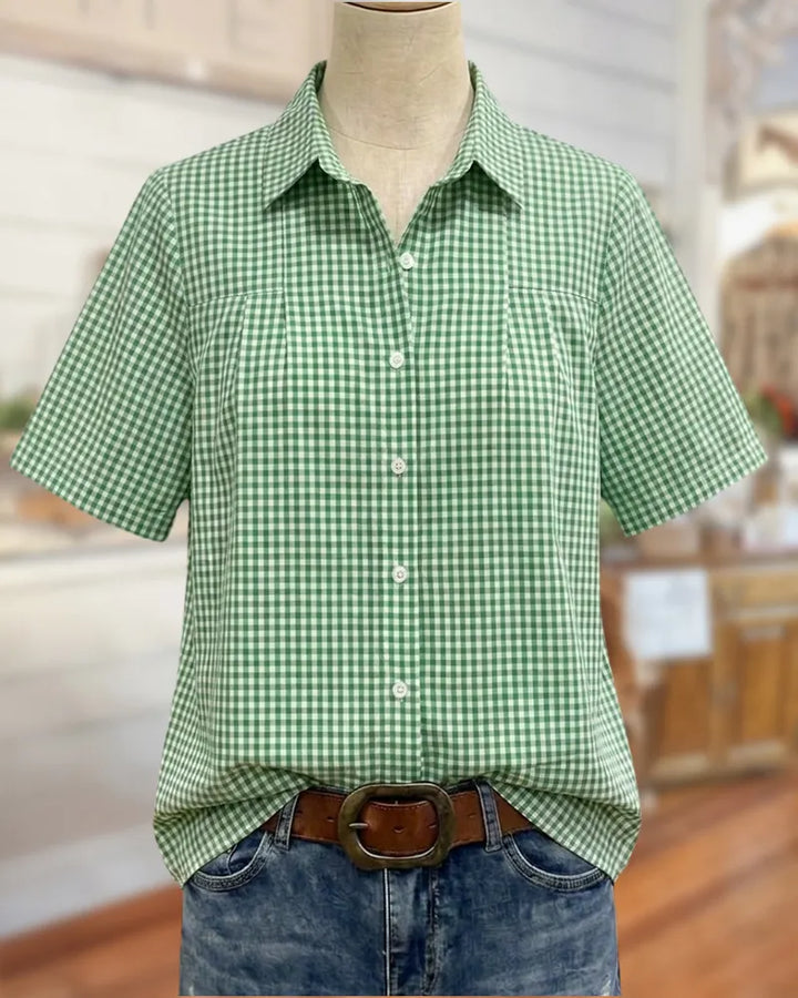 Gingham Chest Pleat Button Front Short Sleeve Collared Shirt