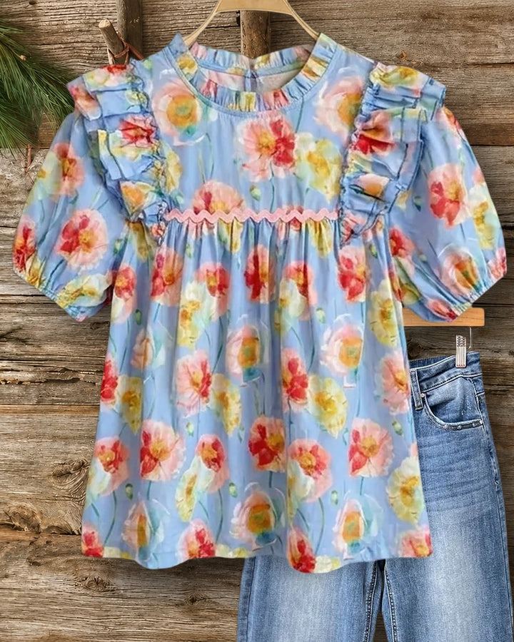 Ruffled Trim Puff Sleeve Floral Print Gathered Casual Blouse