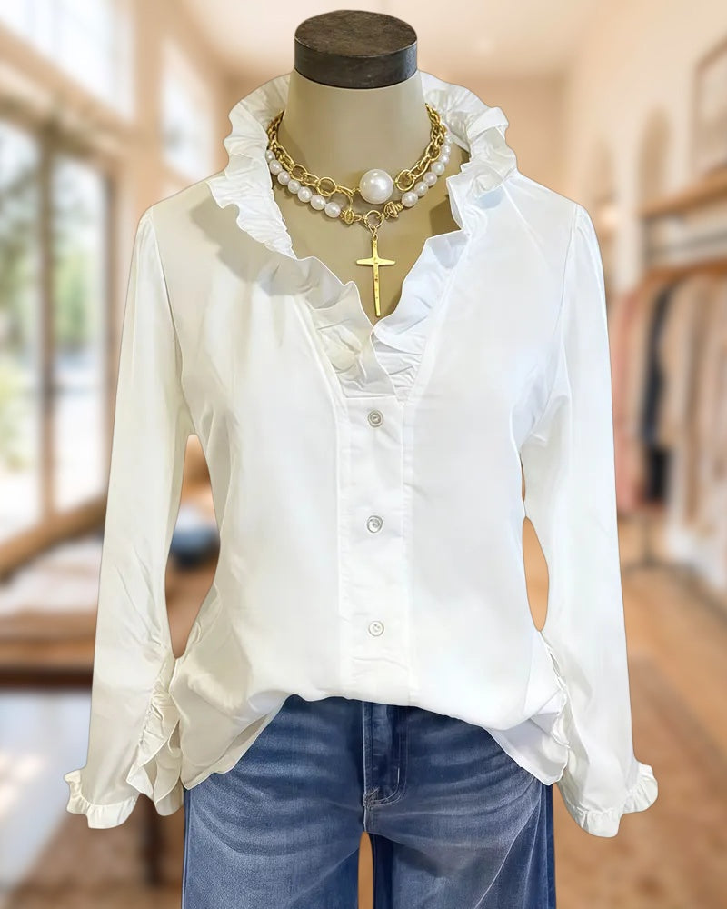 Solid Color Ruffles Trim Elegant V Neck Button Up Blouse