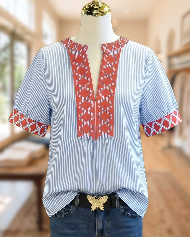 Geometric Trim Striped V Neck Casual Wear Blouse