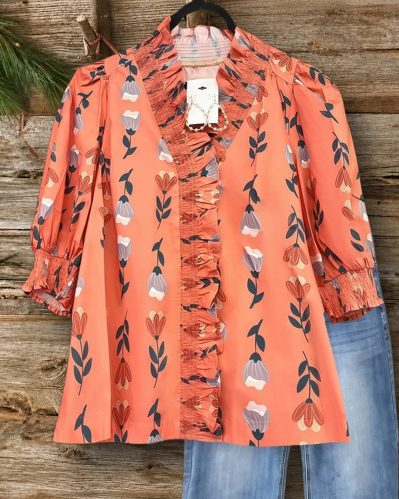 Floral Print Smocked Smart V Neck Blouse