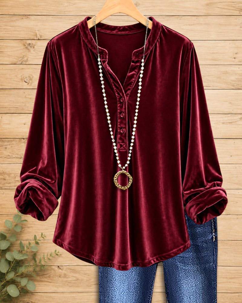 Velvet Half Button Placket Roll Sleeve Loose Casual Blouse