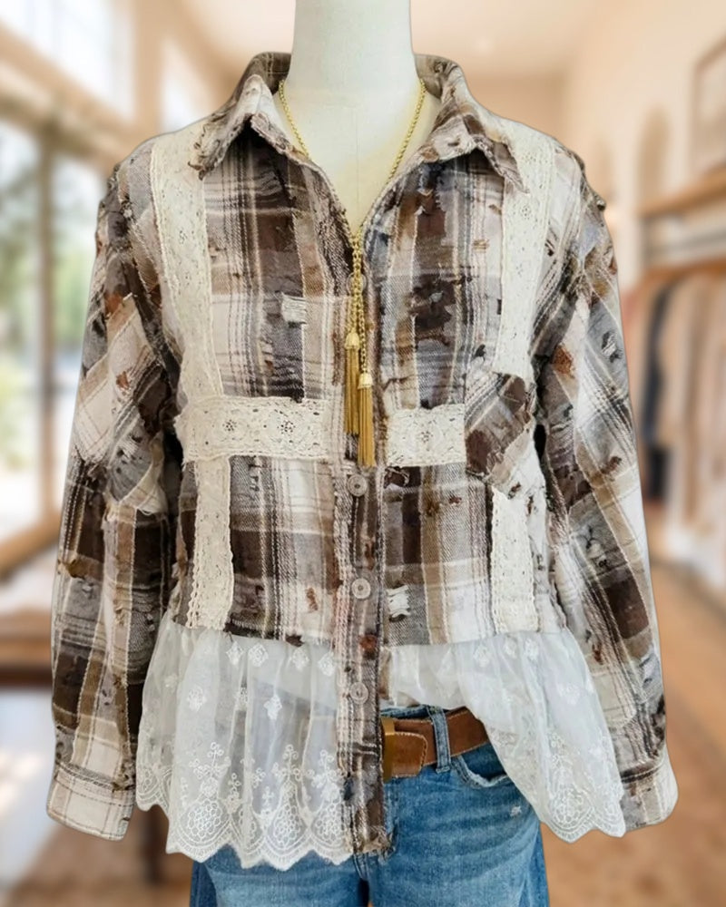 Collared Plaid Lace Panel Distressed Peplum Button Front Shirt