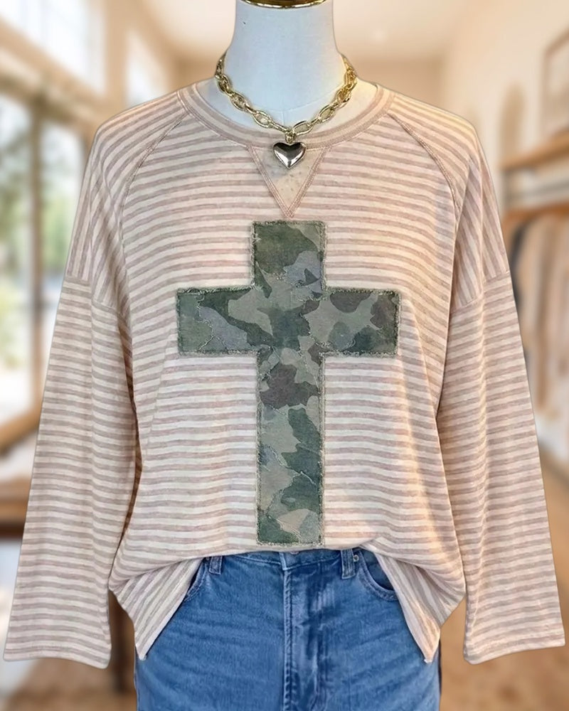 Striped Long Sleeve Camo Cross Applique Loose Casual Top