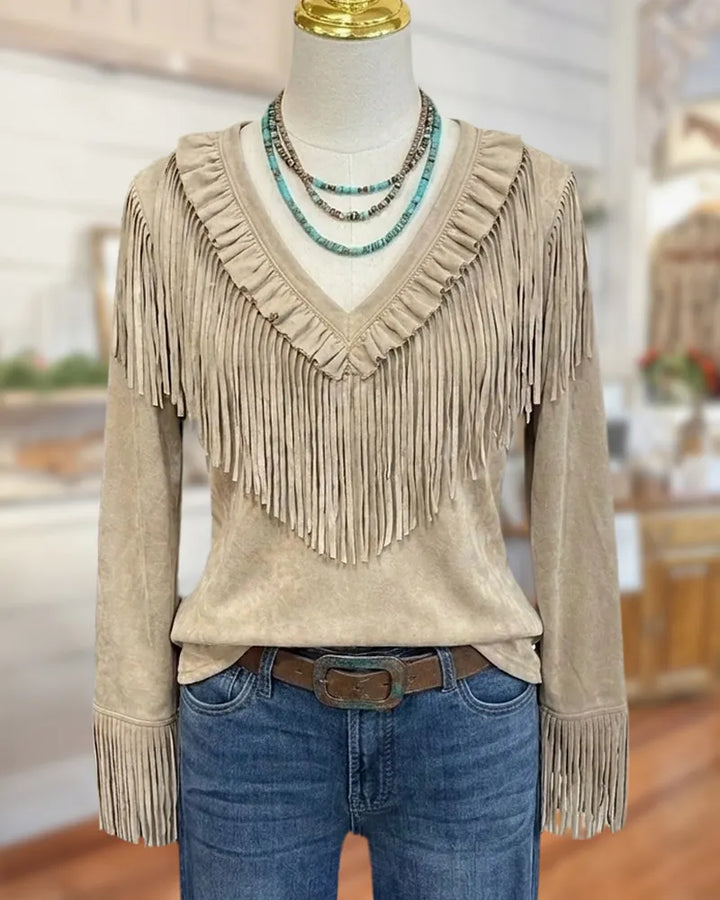 V Neck Fringe Decorated Long Sleeve Ruffled Trim Casual Top