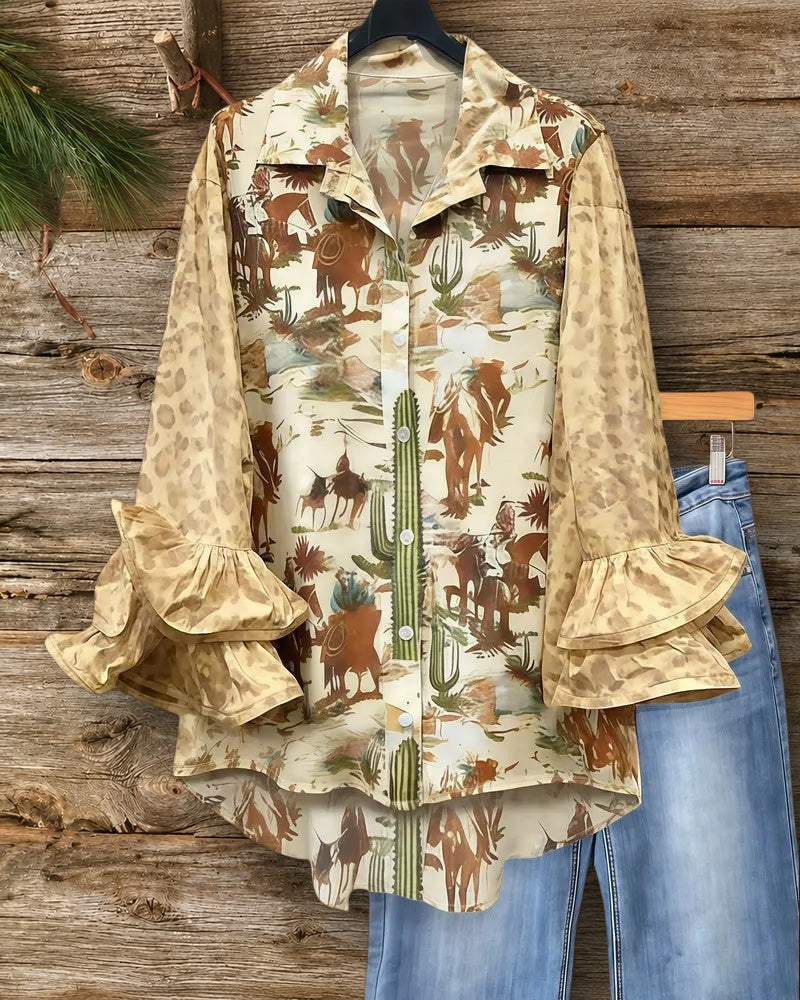 Patchwork Cowboy Print Stylish Ruffle Sleeve Button Up Blouse