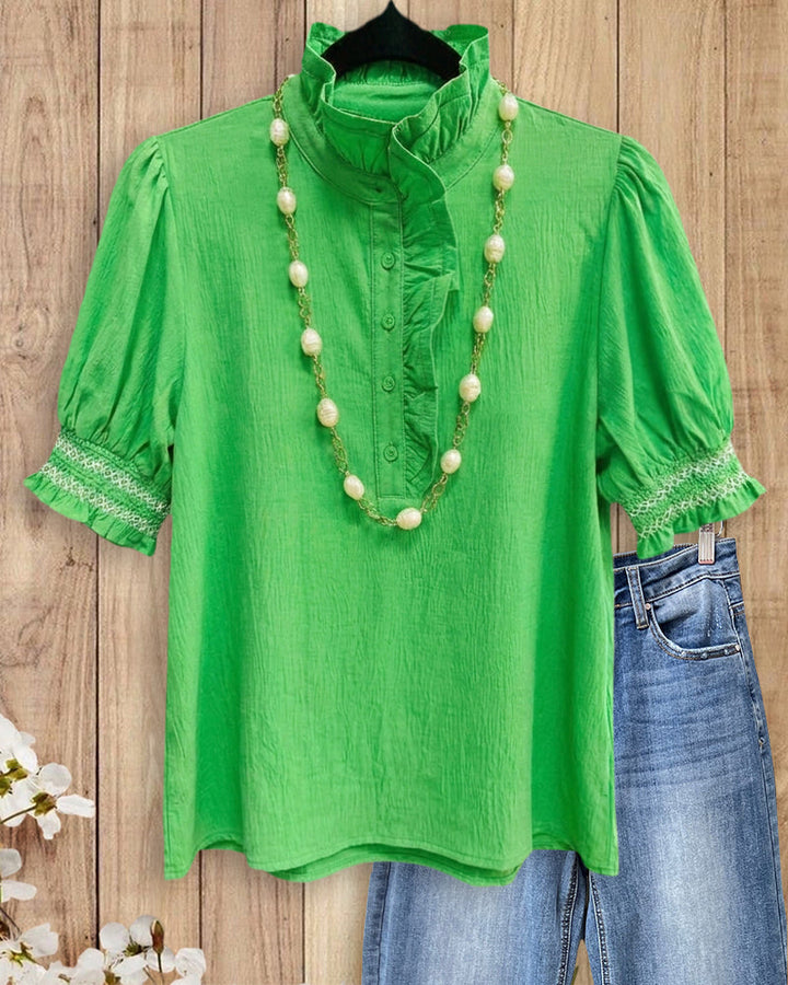 Ruffled Stand Collar Puff Sleeve Smocked Cuff Button Front Blouse