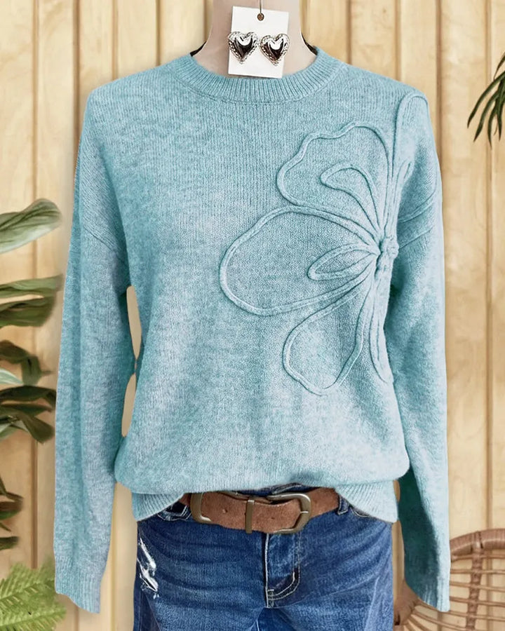 Floral Design Unusual Round Neck Drop-Shoulder Sweater