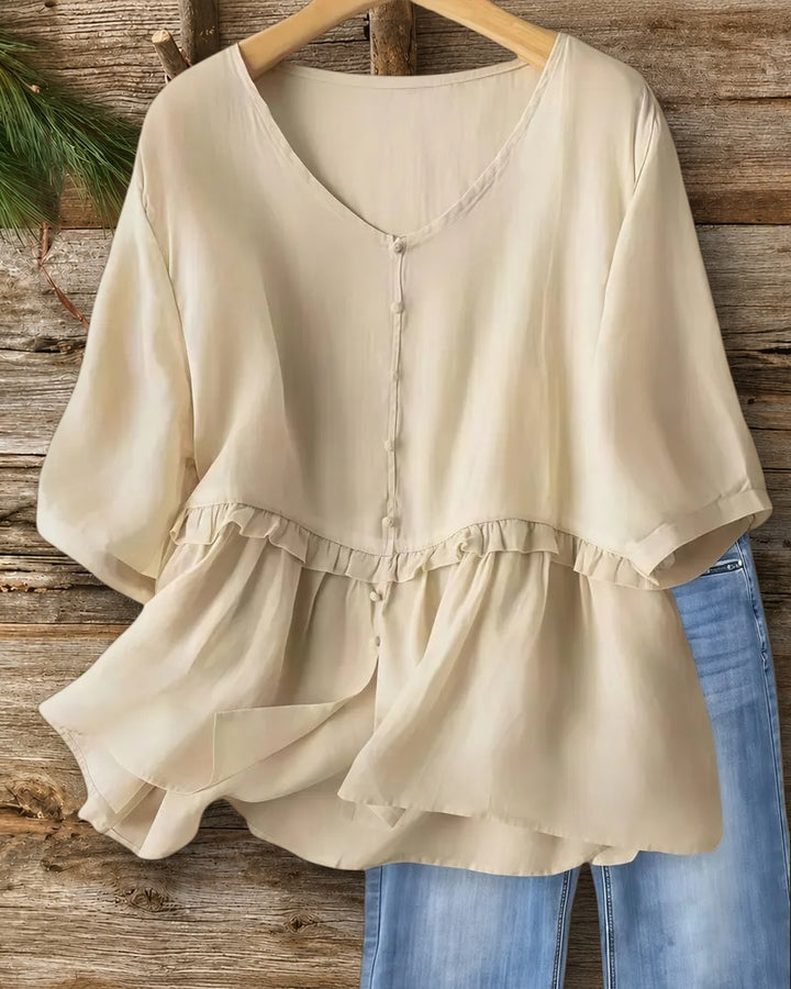 Solid Color V Neck Button Down Sweet Peplum Blouse