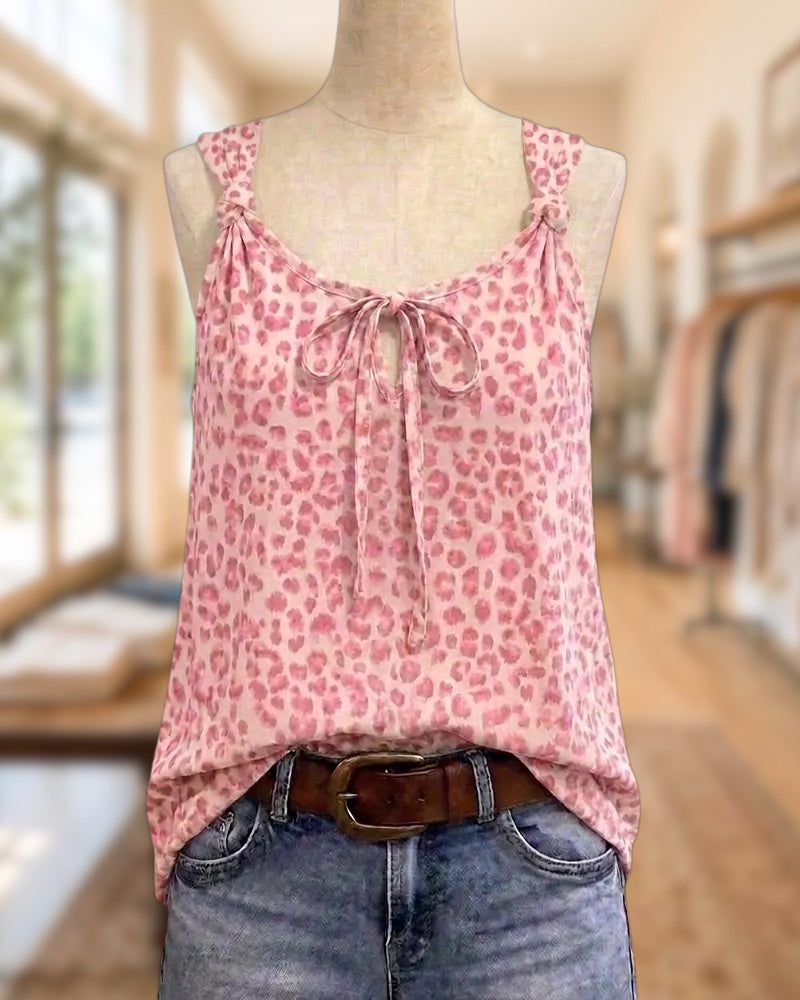Leopard Print Front Tie Knot Shoulder Sleeveless Casual Top