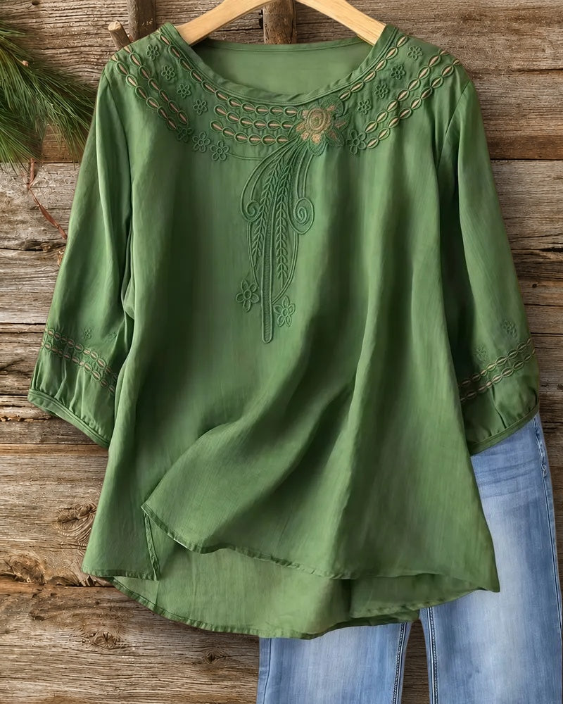 Floral Embroidery Ethnic Round Neck Blouse