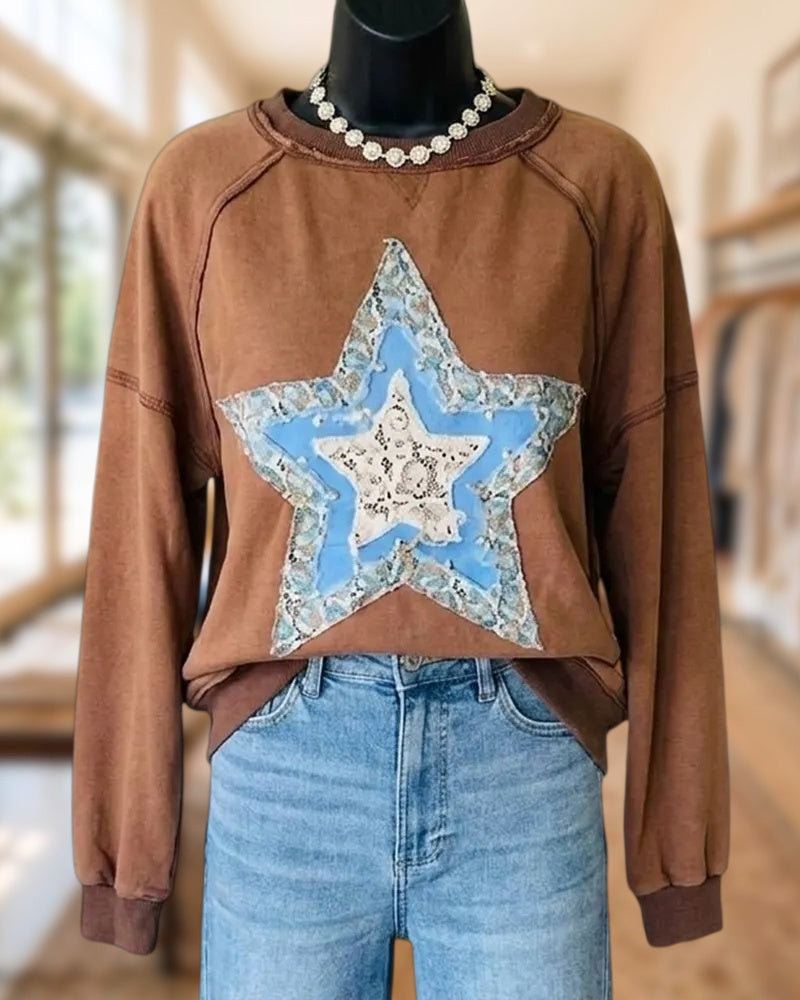 Star Applique Patchwork Raglan Sleeve Loose Casual Pullover Sweatshirt