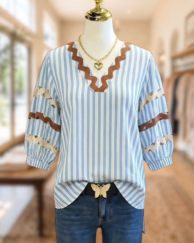 Ricrac Insert Striped Puff Sleeve Unusual Blouse