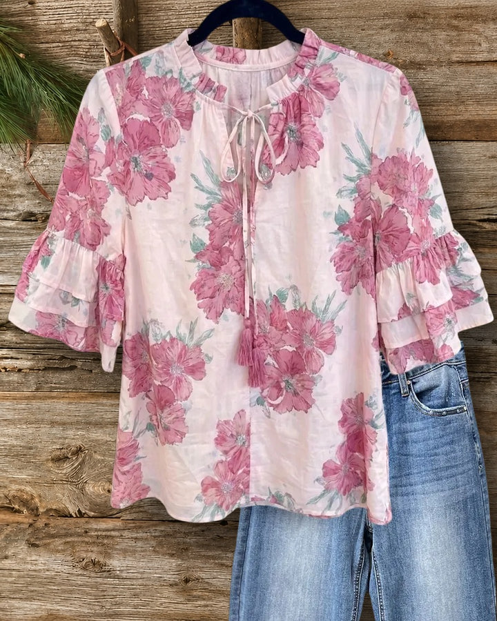 Floral Print Tie Neck Tiered Ruffle Sleeve Casual Blouse