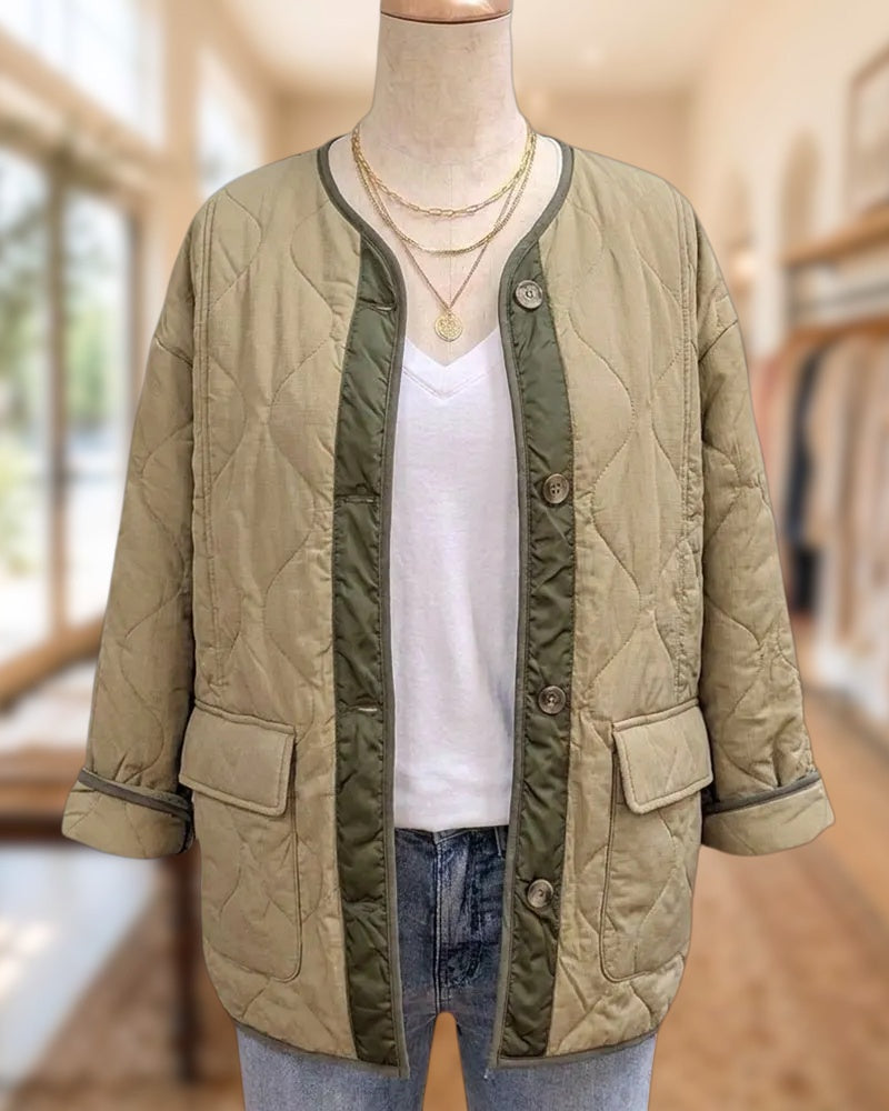 Quilted Contrast Trim Button Front Flap Pocket Casual Jacket