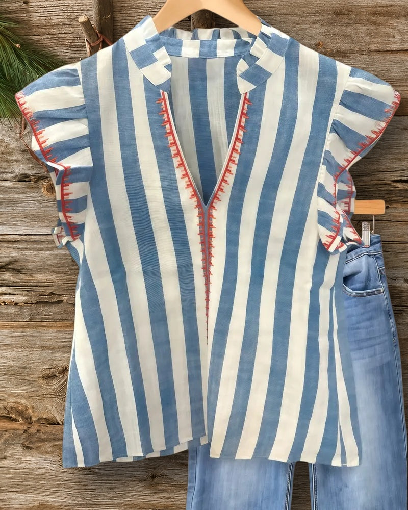 Striped V Neck Flutter Sleeve Unusual  T-Shirt