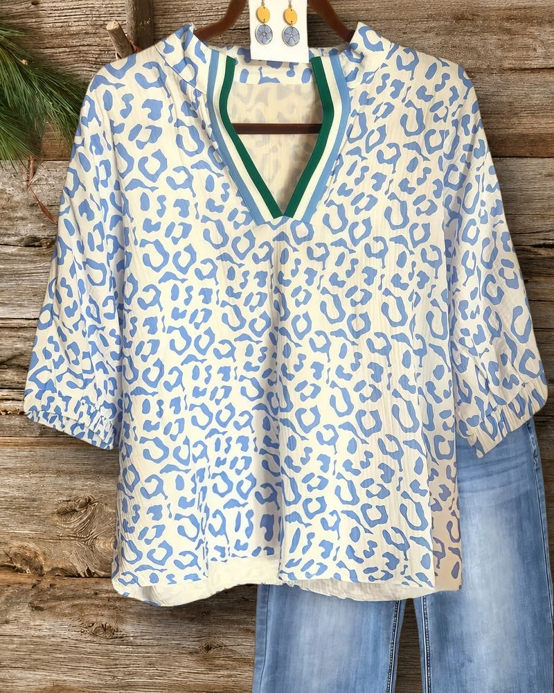 Leopard Print V Neck Batwing Sleeve Relaxed Blouse