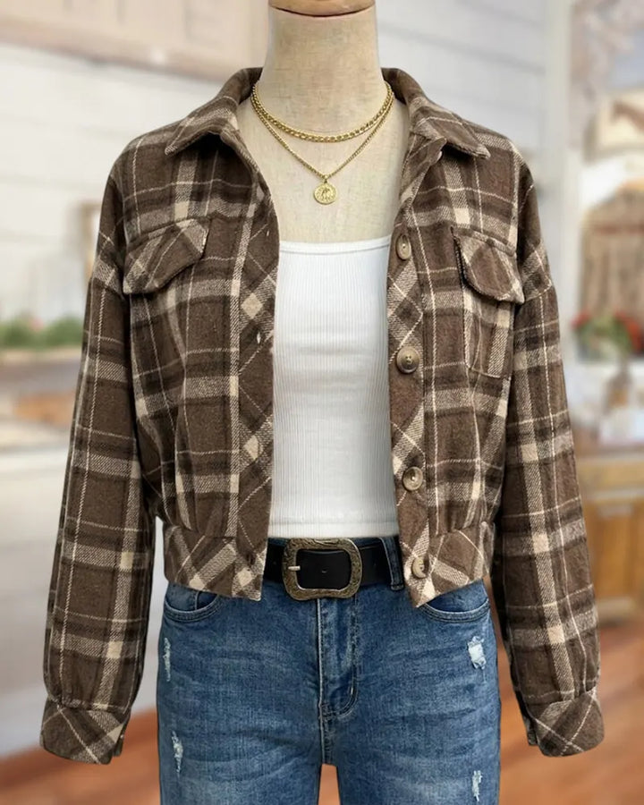 Long Sleeve Plaid Collared Button Front Jacket With Pockets