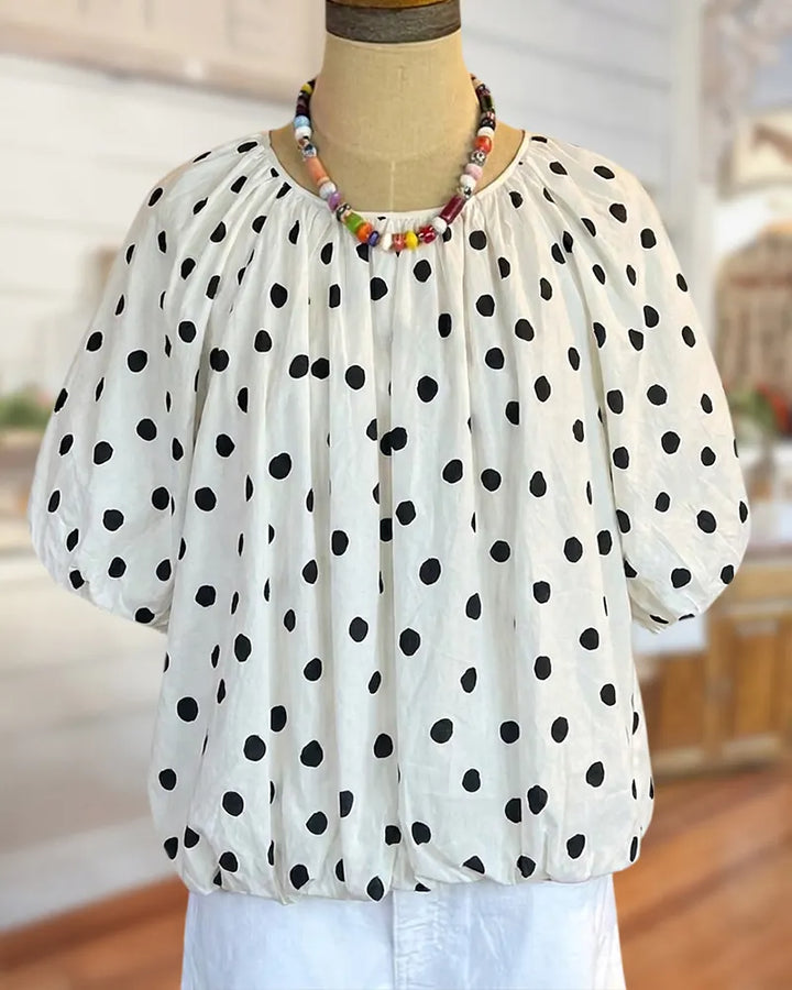 Polka Dot Puff Sleeve O Neck Cute Casual Blouse