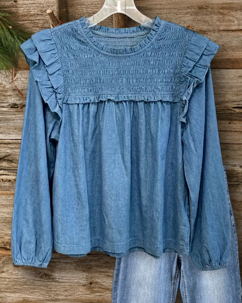 Smocked Ruffle Shoulder Puff Sleeve Loose Casual Blouse