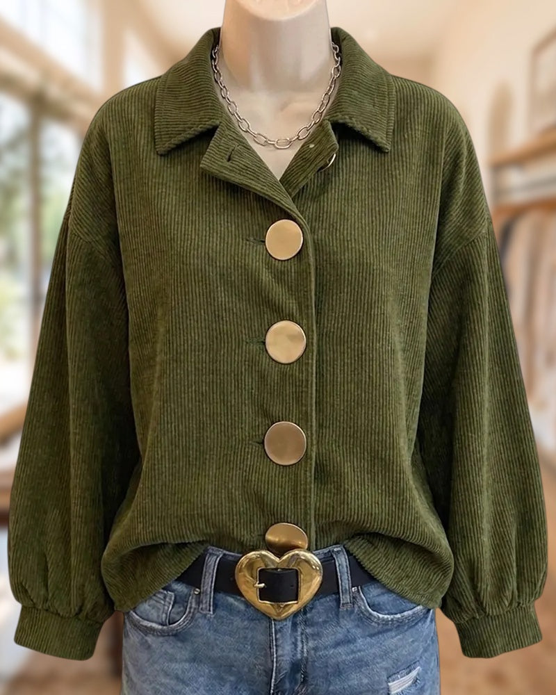 Solid Color Collared Button Front Long Sleeve Drop Shoulder Shirt