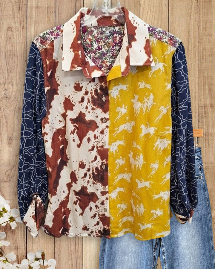 Contrast Panel Printed Collared Button Front Long Sleeve Shirt